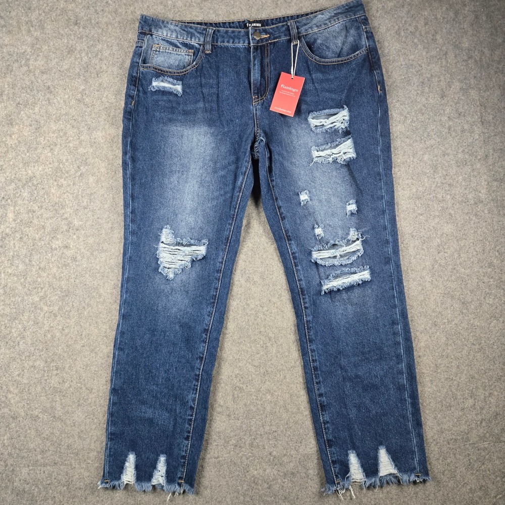 Flamingo Distressed Jeans Women 2XL Blue Ripped Frayed Hem High Rise Stretch New